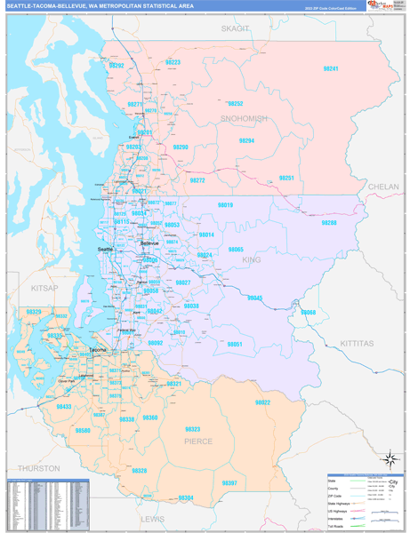 Seattle-Tacoma-Bellevue Metro Area Wall Map Color Cast Style